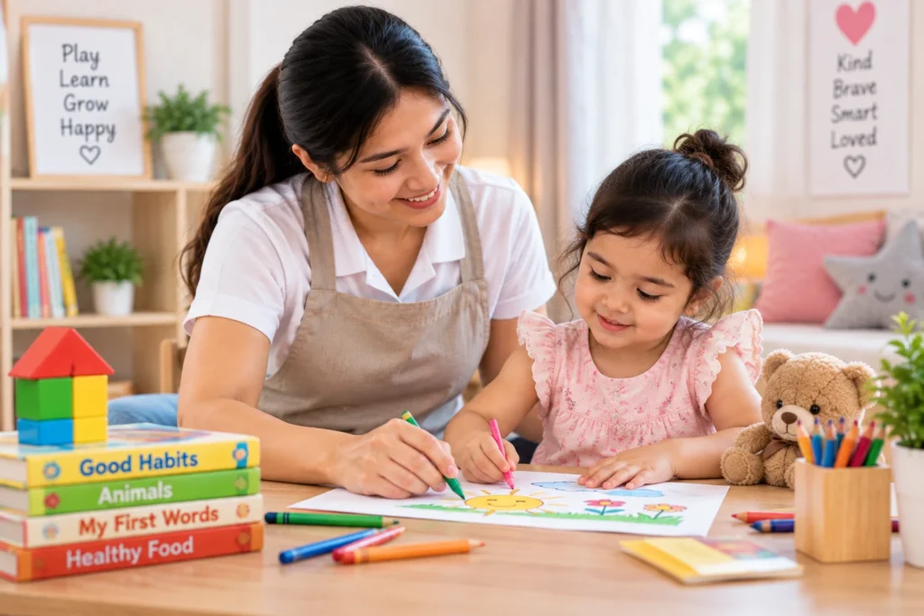 Babysitter helping with study