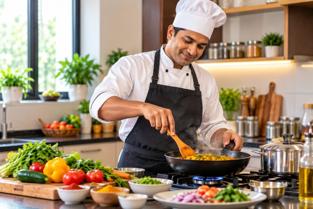 Chef Sautéing Colorful Vegetables in a Modern Kitchen